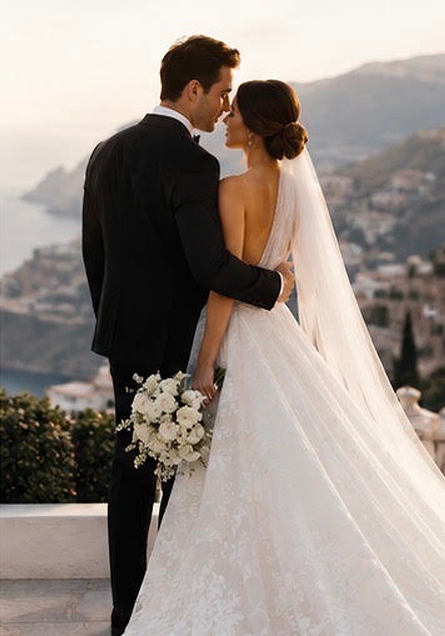 Newlyweds above the Mallorcan coast at golden hour