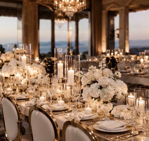 A candlelit wedding tablescape overlooking the Mediterranean